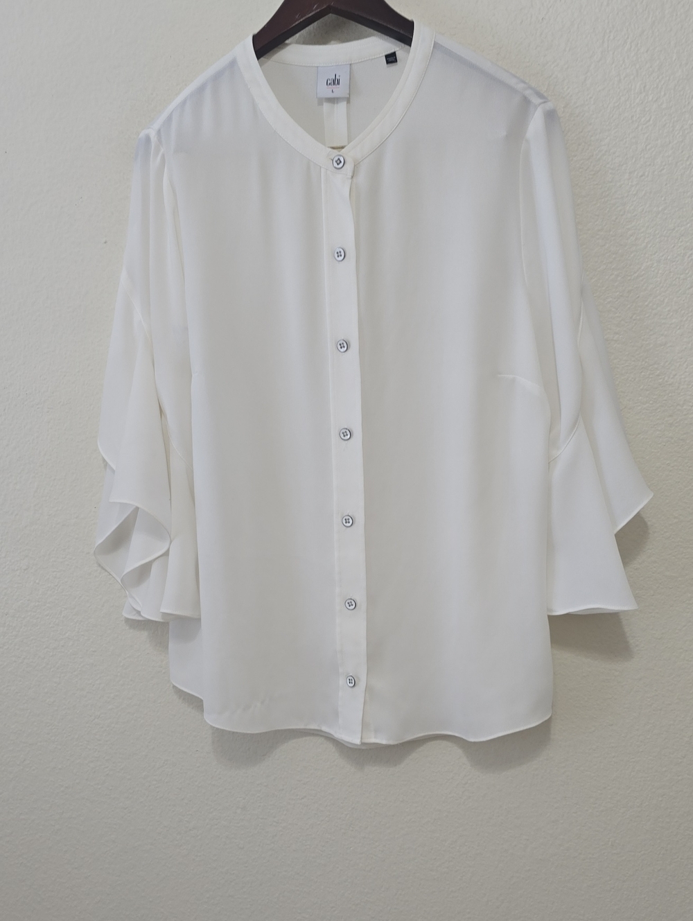 CAbi Cream Button-Front Ruffle Sleeve Blouse L
